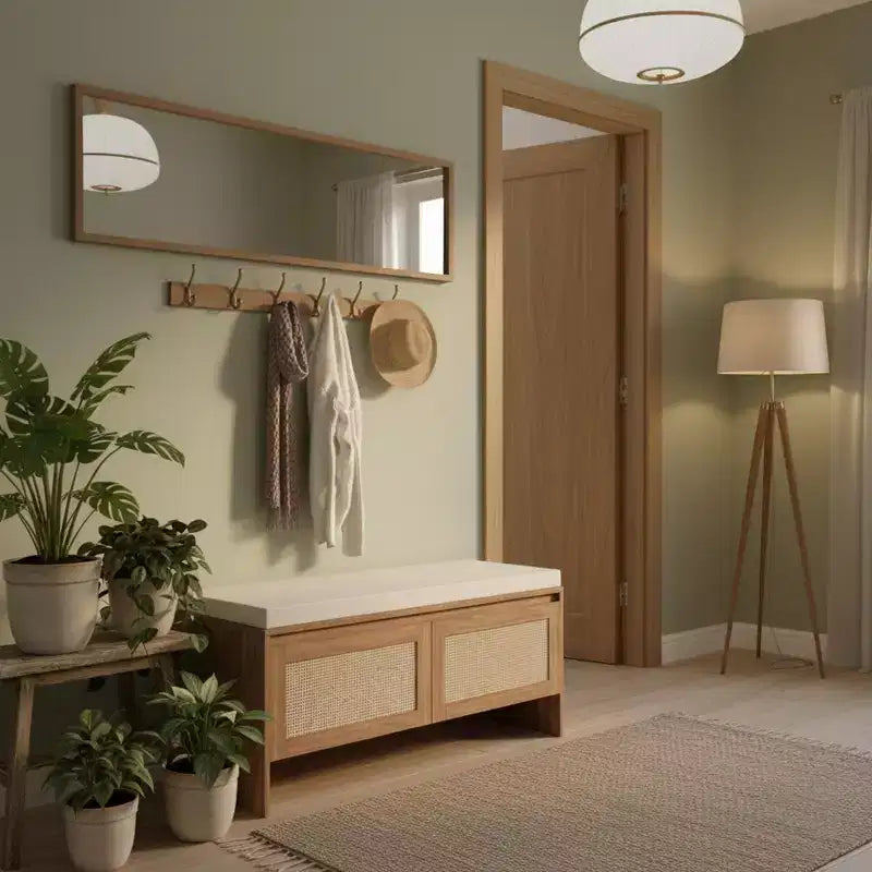 Homy Casa Woven Rattan Panel Storage Bench with Cushion Seat & Hinged Doors, Natural Oak