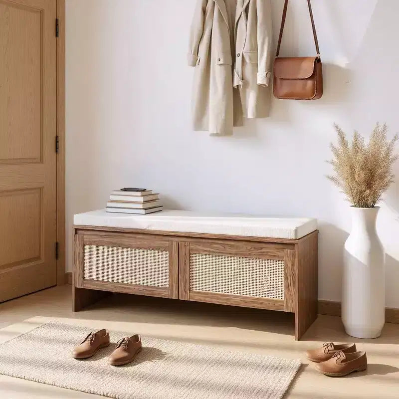 Homy Casa Woven Rattan Panel Storage Bench with Cushion Seat & Hinged Doors, Natural Oak