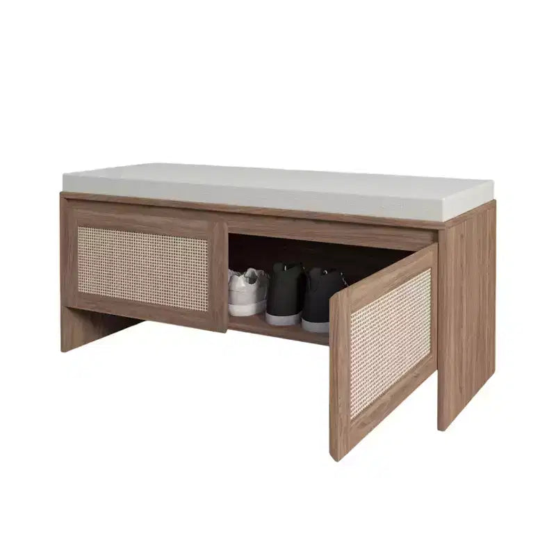 Homy Casa Woven Rattan Panel Storage Bench with Cushion Seat & Hinged Doors, Natural Oak