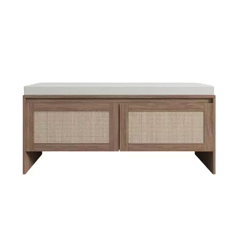Homy Casa Woven Rattan Panel Storage Bench with Cushion Seat & Hinged Doors, Natural Oak