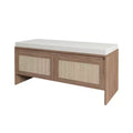 Homy Casa Woven Rattan Panel Storage Bench with Cushion Seat & Hinged Doors, Natural Oak