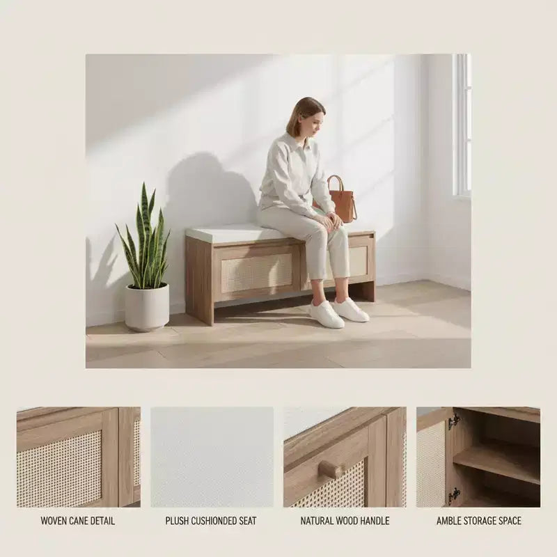 Homy Casa Woven Rattan Panel Storage Bench with Cushion Seat & Hinged Doors, Natural Oak