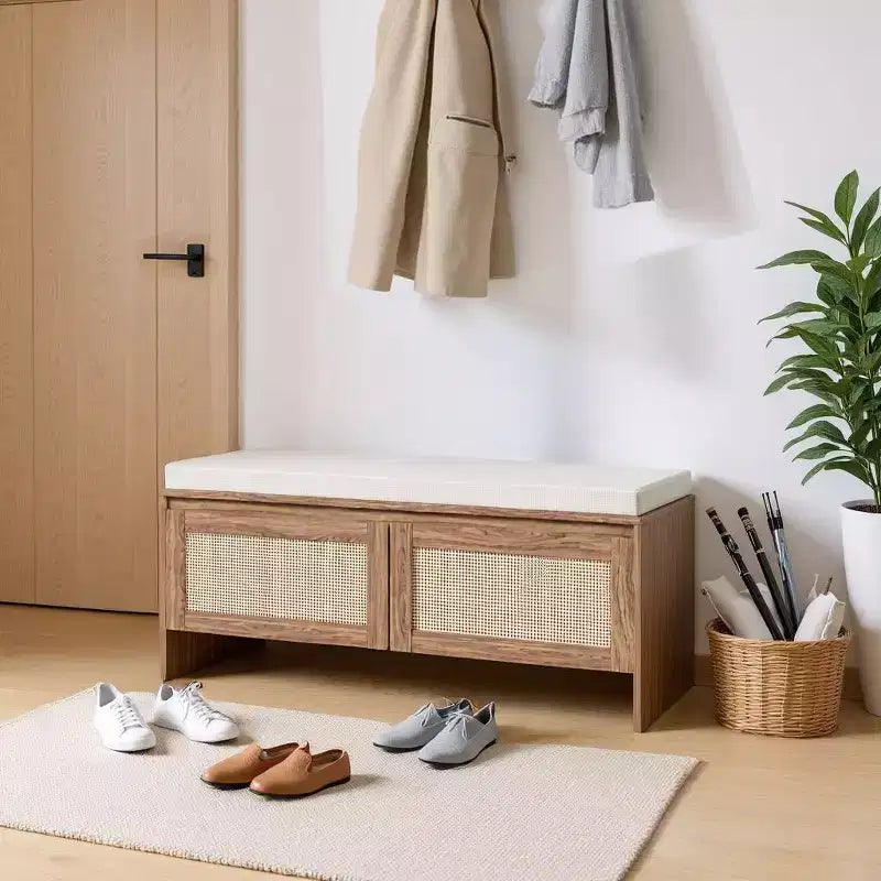 Homy Casa Woven Rattan Panel Storage Bench with Cushion Seat & Hinged Doors, Natural Oak