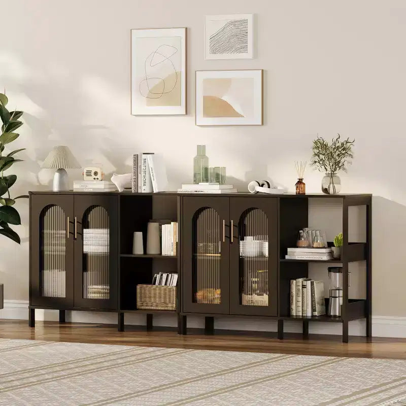 Modern Wooden Buffet Sideboard Cabinet with Glass Doors, Storage Cabinet with Adjustable Shelves for Kitchen, Dining Room & Living Room