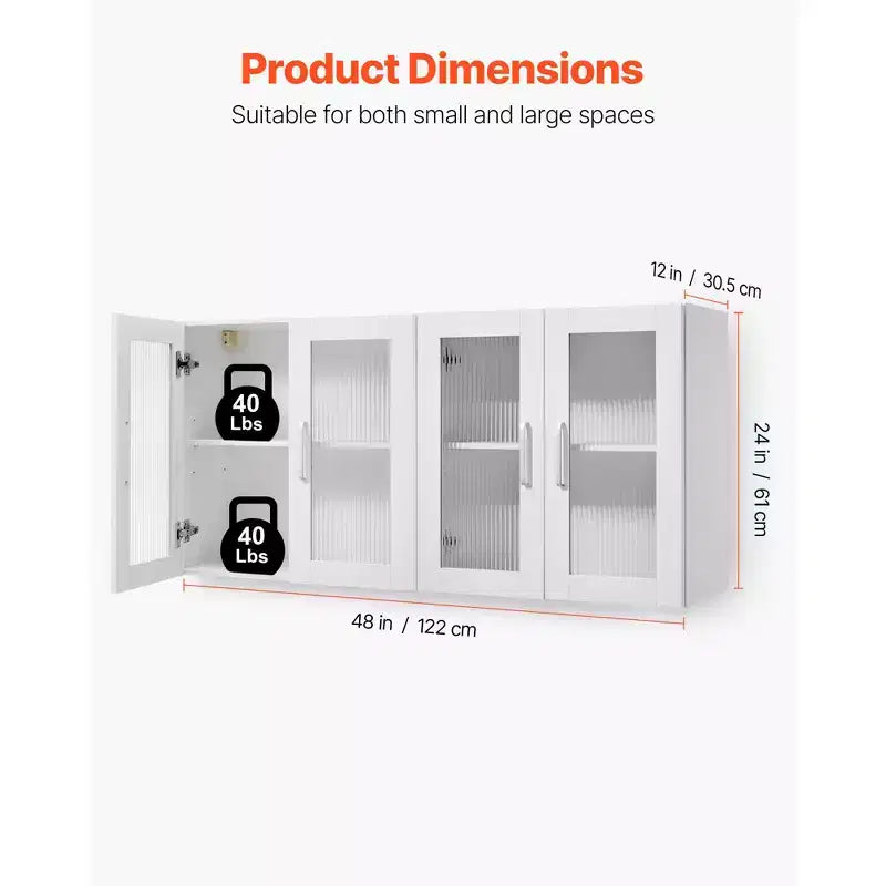 VEVOR Laundry Room Wall Cabinet, 2-Tier Wall Mounted Cabinet with Adjustable Shelf, Cupboard Storage with 4 Doors, Set of 2, White