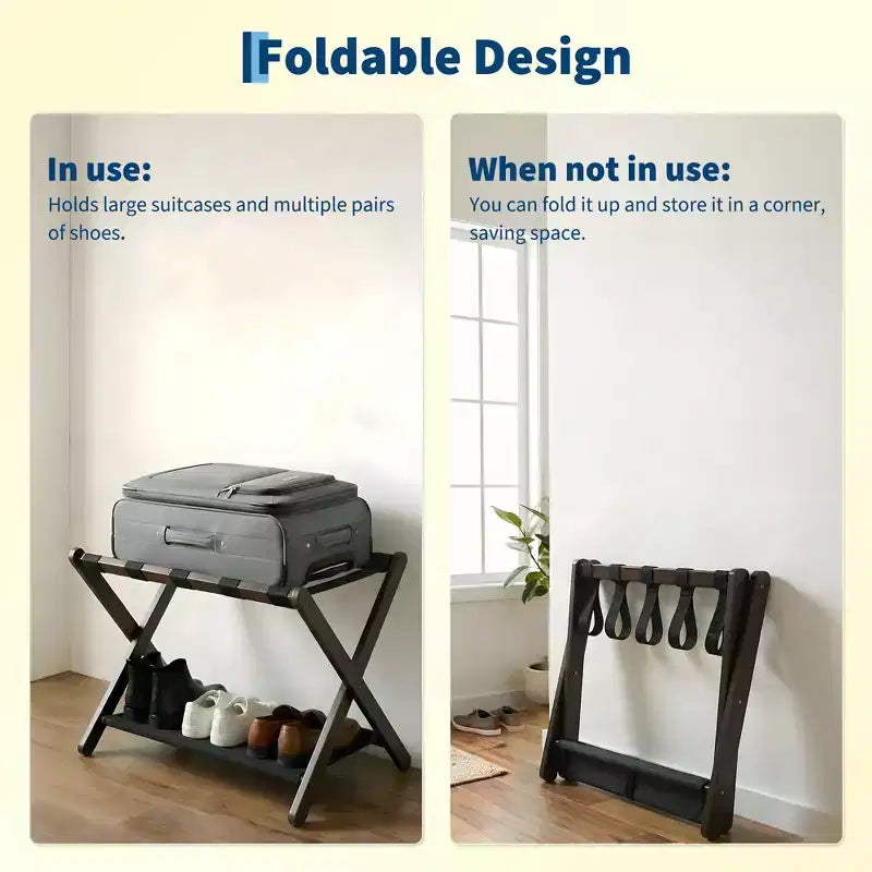 Folding Bamboo Luggage Stand with Storage Shelf Durable Nylon Straps Holds 110 lbs for Suitcases Bedrooms Guest Rooms Living Rooms Hotels