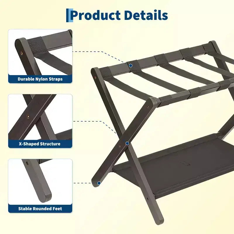 Folding Bamboo Luggage Stand with Storage Shelf Durable Nylon Straps Holds 110 lbs for Suitcases Bedrooms Guest Rooms Living Rooms Hotels