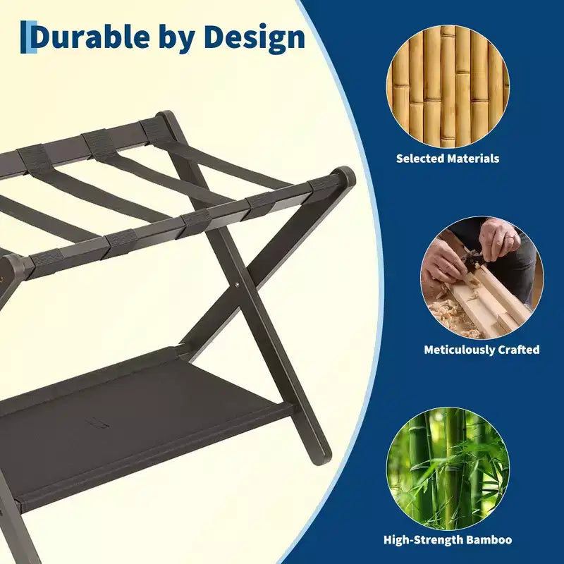 Folding Bamboo Luggage Stand with Storage Shelf Durable Nylon Straps Holds 110 lbs for Suitcases Bedrooms Guest Rooms Living Rooms Hotels