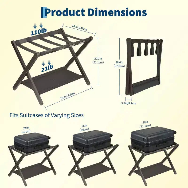 Folding Bamboo Luggage Stand with Storage Shelf Durable Nylon Straps Holds 110 lbs for Suitcases Bedrooms Guest Rooms Living Rooms Hotels