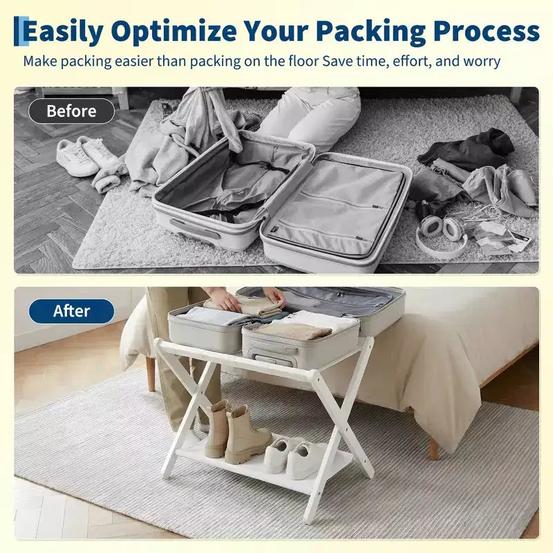Folding Bamboo Luggage Stand with Storage Shelf Durable Nylon Straps Holds 110 lbs for Suitcases Bedrooms Guest Rooms Living Rooms Hotels