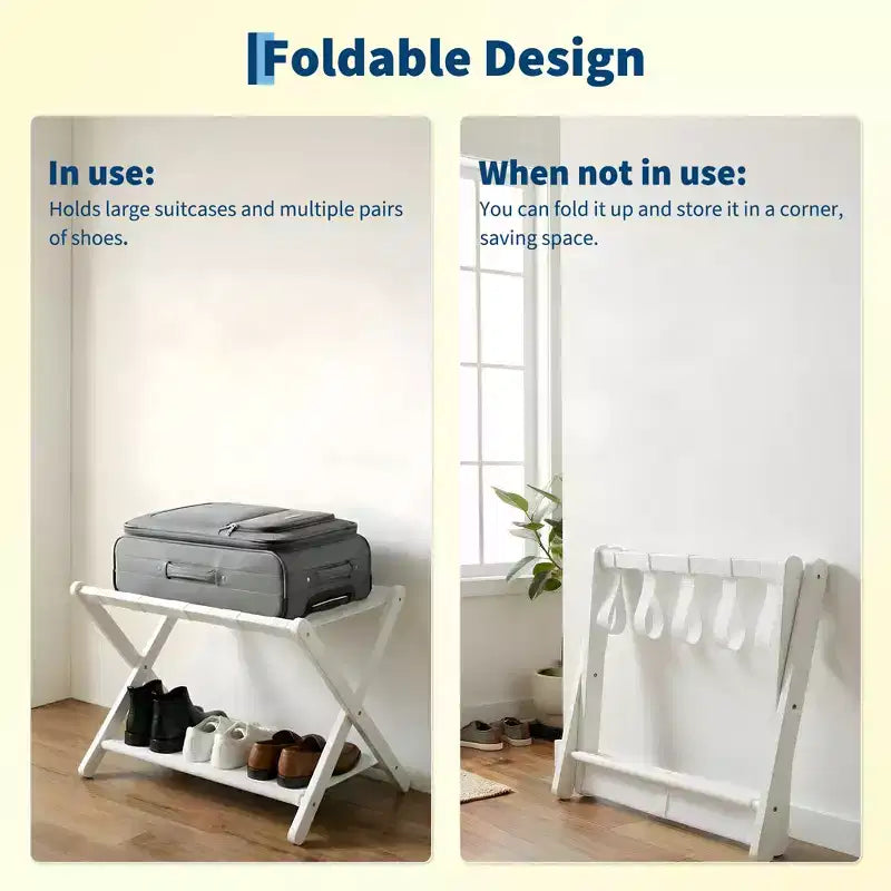 Folding Bamboo Luggage Stand with Storage Shelf Durable Nylon Straps Holds 110 lbs for Suitcases Bedrooms Guest Rooms Living Rooms Hotels