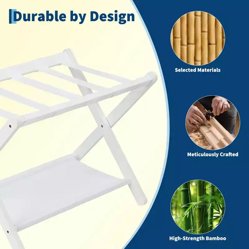 Folding Bamboo Luggage Stand with Storage Shelf Durable Nylon Straps Holds 110 lbs for Suitcases Bedrooms Guest Rooms Living Rooms Hotels