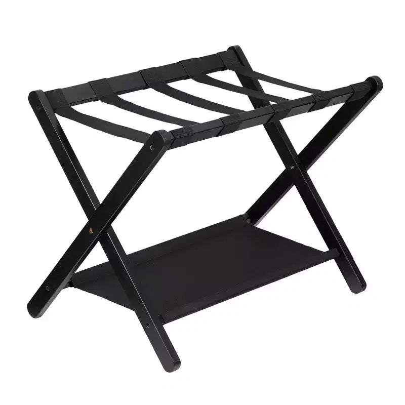 Folding Bamboo Luggage Stand with Storage Shelf Durable Nylon Straps Holds 110 lbs for Suitcases Bedrooms Guest Rooms Living Rooms Hotels