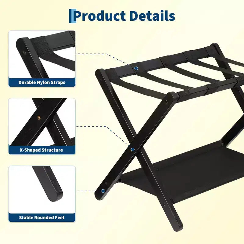 Folding Bamboo Luggage Stand with Storage Shelf Durable Nylon Straps Holds 110 lbs for Suitcases Bedrooms Guest Rooms Living Rooms Hotels