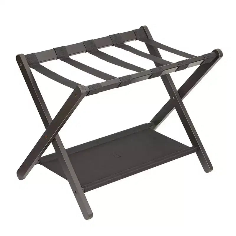 Folding Bamboo Luggage Stand with Storage Shelf Durable Nylon Straps Holds 110 lbs for Suitcases Bedrooms Guest Rooms Living Rooms Hotels