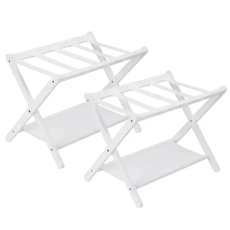 Folding Bamboo Luggage Stand with Storage Shelf Durable Nylon Straps Holds 110 lbs for Suitcases Bedrooms Guest Rooms Living Rooms Hotels