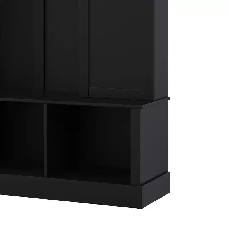 Modern All-in-One Hall Tree with Adjustable Shelves, Farmhouse Storage Bench with 7 Hooks & Side Cabinets, Entryway Organizer - ModernLuxe