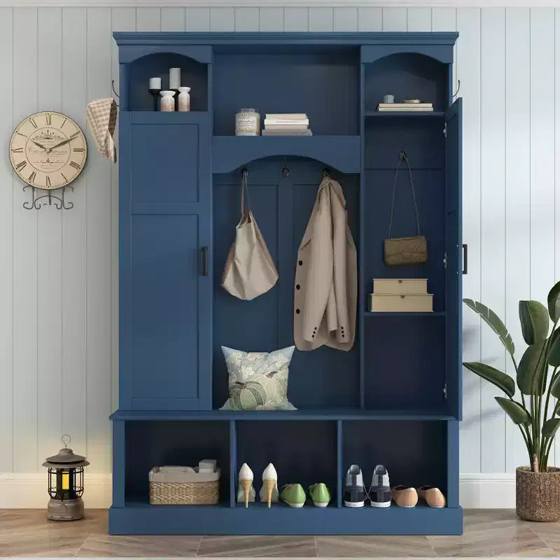 Modern All-in-One Hall Tree with Adjustable Shelves, Farmhouse Storage Bench with 7 Hooks & Side Cabinets, Entryway Organizer - ModernLuxe