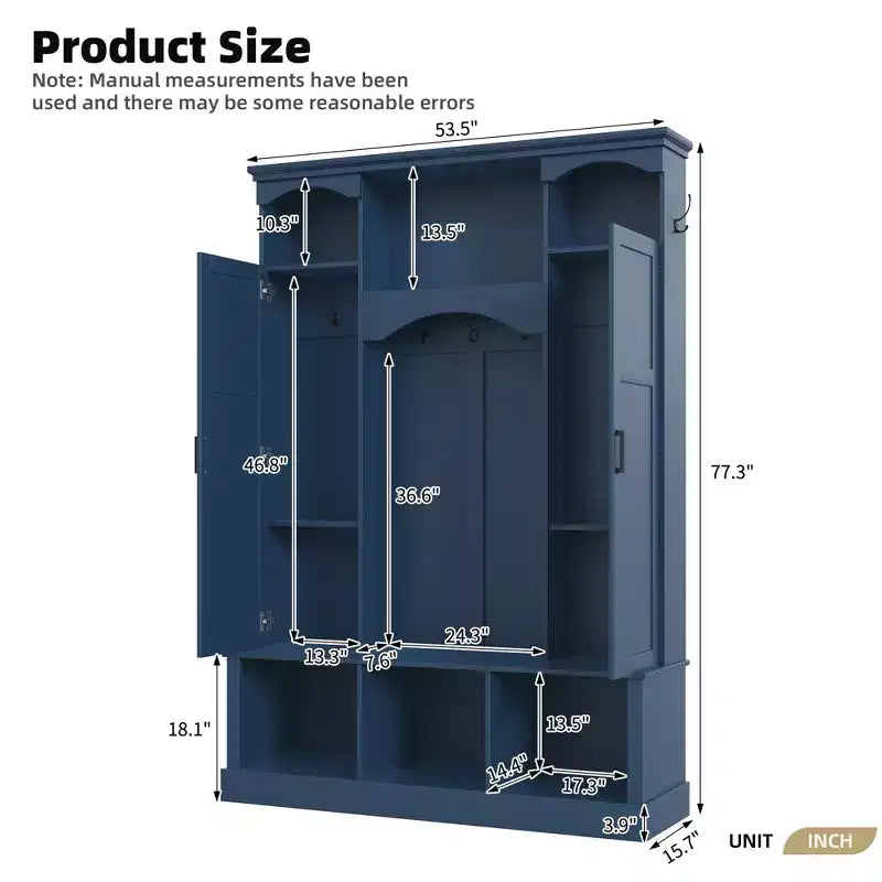 Modern All-in-One Hall Tree with Adjustable Shelves, Farmhouse Storage Bench with 7 Hooks & Side Cabinets, Entryway Organizer - ModernLuxe