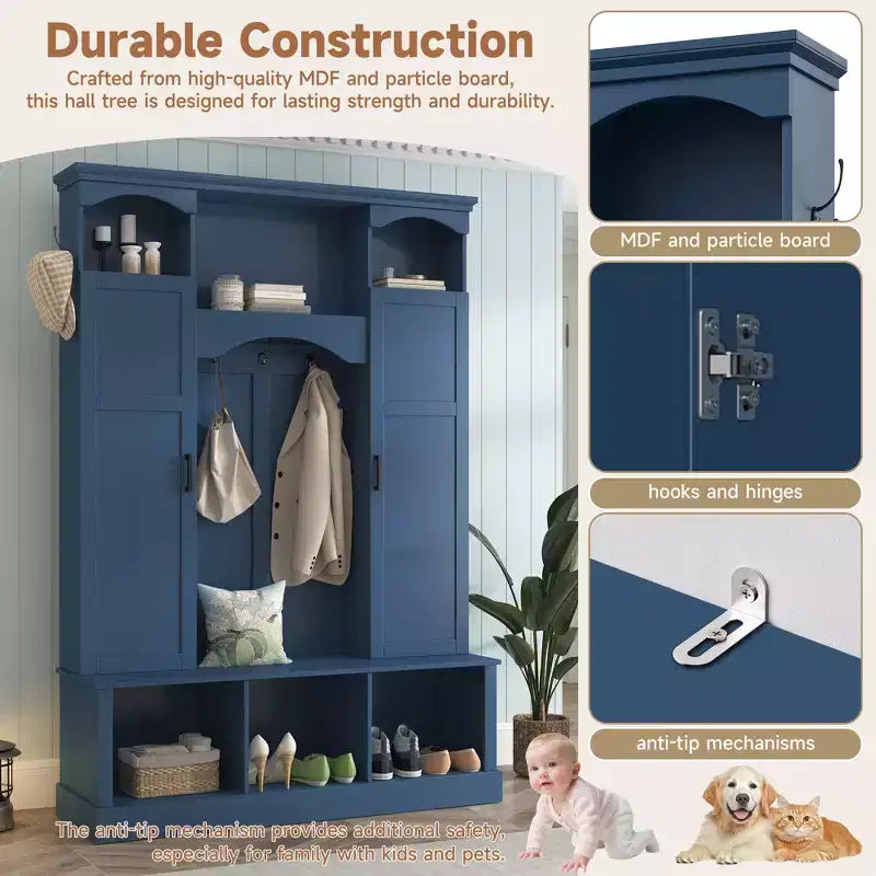 Modern All-in-One Hall Tree with Adjustable Shelves, Farmhouse Storage Bench with 7 Hooks & Side Cabinets, Entryway Organizer - ModernLuxe