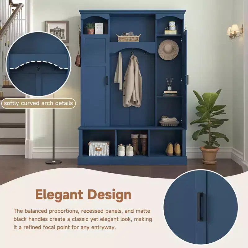 Modern All-in-One Hall Tree with Adjustable Shelves, Farmhouse Storage Bench with 7 Hooks & Side Cabinets, Entryway Organizer - ModernLuxe