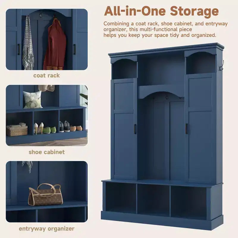Modern All-in-One Hall Tree with Adjustable Shelves, Farmhouse Storage Bench with 7 Hooks & Side Cabinets, Entryway Organizer - ModernLuxe