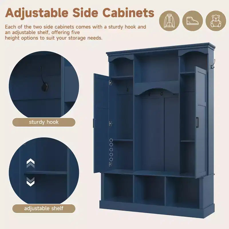 Modern All-in-One Hall Tree with Adjustable Shelves, Farmhouse Storage Bench with 7 Hooks & Side Cabinets, Entryway Organizer - ModernLuxe