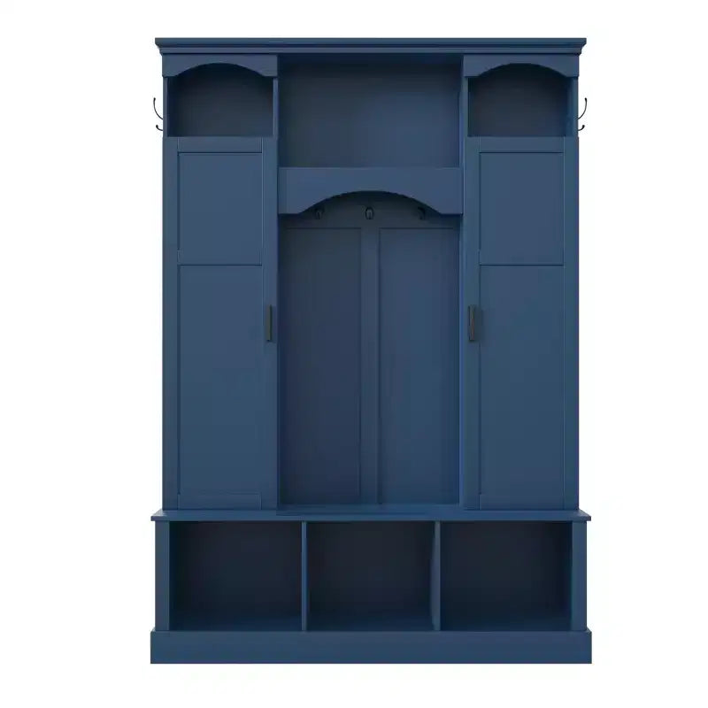 Modern All-in-One Hall Tree with Adjustable Shelves, Farmhouse Storage Bench with 7 Hooks & Side Cabinets, Entryway Organizer - ModernLuxe