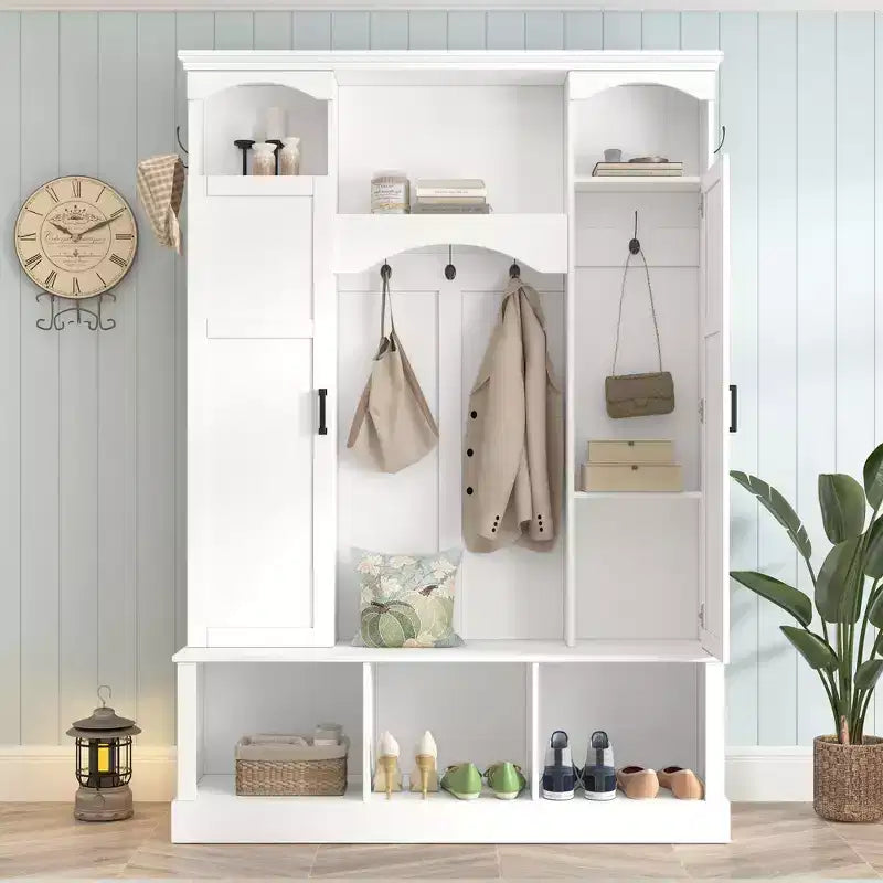 Modern All-in-One Hall Tree with Adjustable Shelves, Farmhouse Storage Bench with 7 Hooks & Side Cabinets, Entryway Organizer - ModernLuxe