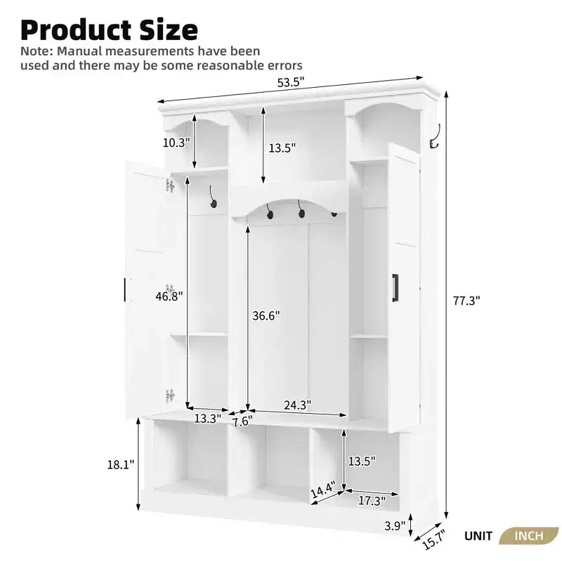 Modern All-in-One Hall Tree with Adjustable Shelves, Farmhouse Storage Bench with 7 Hooks & Side Cabinets, Entryway Organizer - ModernLuxe