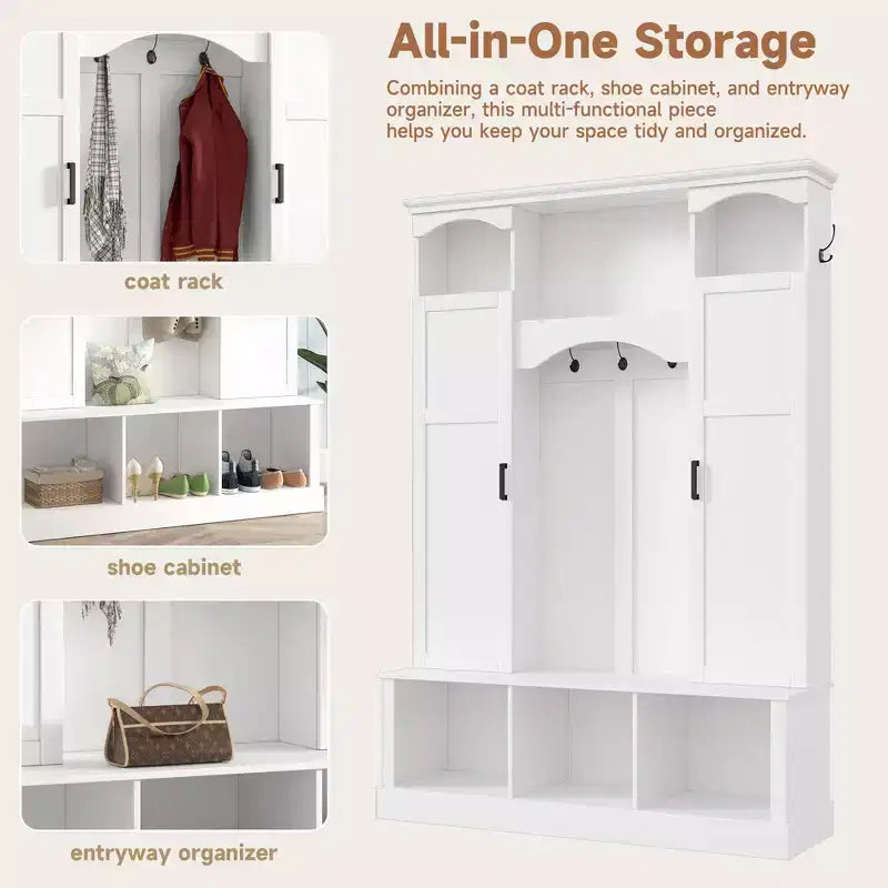 Modern All-in-One Hall Tree with Adjustable Shelves, Farmhouse Storage Bench with 7 Hooks & Side Cabinets, Entryway Organizer - ModernLuxe