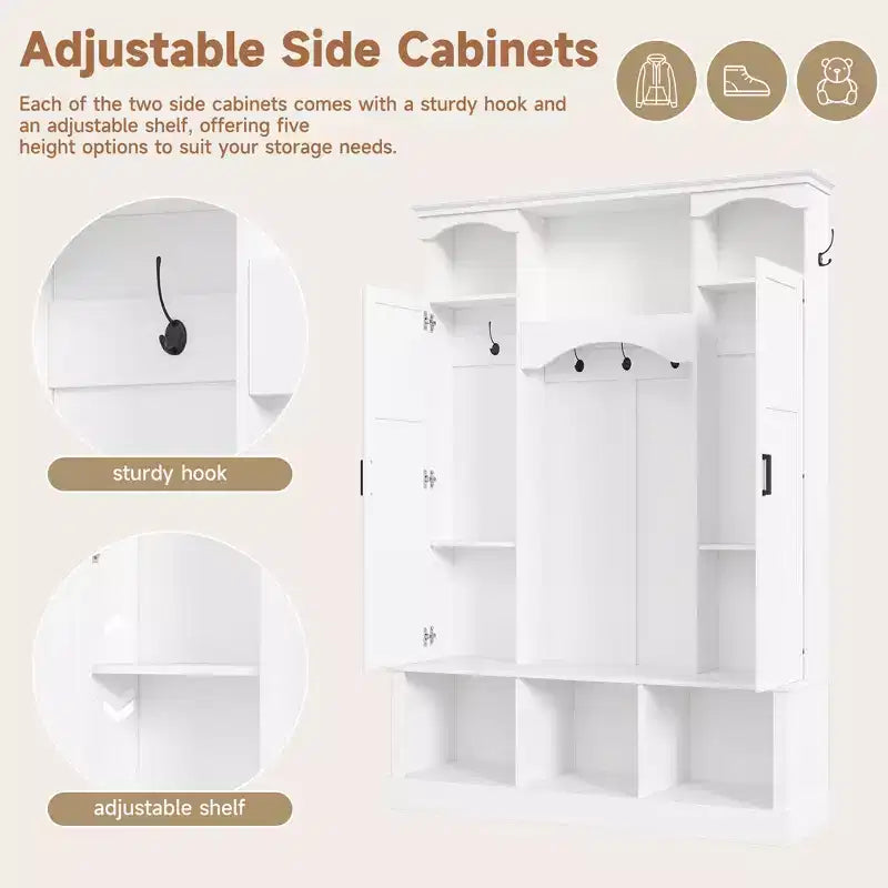 Modern All-in-One Hall Tree with Adjustable Shelves, Farmhouse Storage Bench with 7 Hooks & Side Cabinets, Entryway Organizer - ModernLuxe