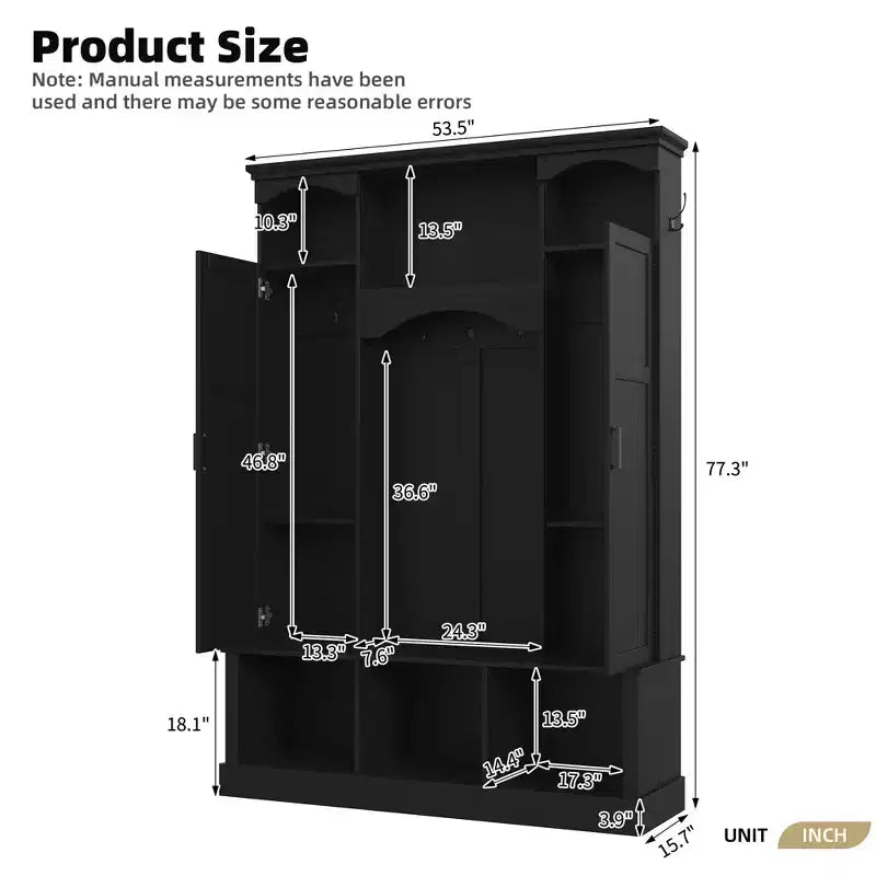 Modern All-in-One Hall Tree with Adjustable Shelves, Farmhouse Storage Bench with 7 Hooks & Side Cabinets, Entryway Organizer - ModernLuxe