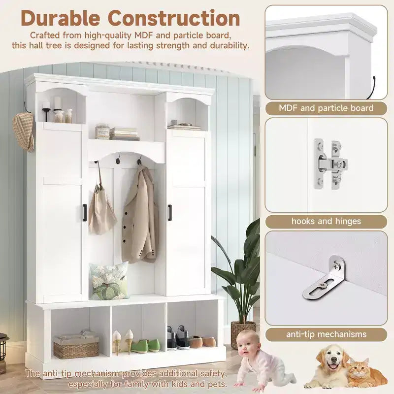Modern All-in-One Hall Tree with Adjustable Shelves, Farmhouse Storage Bench with 7 Hooks & Side Cabinets, Entryway Organizer - ModernLuxe
