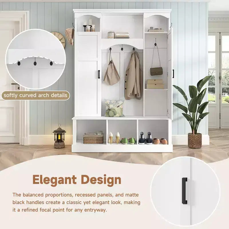 Modern All-in-One Hall Tree with Adjustable Shelves, Farmhouse Storage Bench with 7 Hooks & Side Cabinets, Entryway Organizer - ModernLuxe