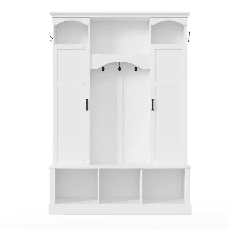 Modern All-in-One Hall Tree with Adjustable Shelves, Farmhouse Storage Bench with 7 Hooks & Side Cabinets, Entryway Organizer - ModernLuxe