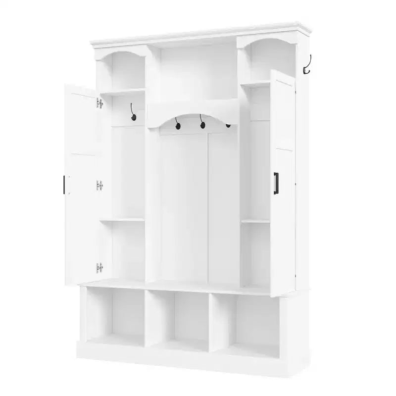 Modern All-in-One Hall Tree with Adjustable Shelves, Farmhouse Storage Bench with 7 Hooks & Side Cabinets, Entryway Organizer - ModernLuxe