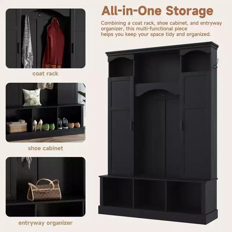 Modern All-in-One Hall Tree with Adjustable Shelves, Farmhouse Storage Bench with 7 Hooks & Side Cabinets, Entryway Organizer - ModernLuxe