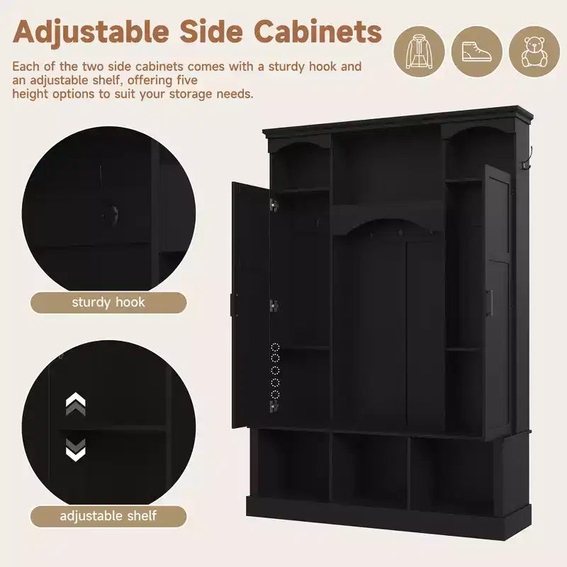 Modern All-in-One Hall Tree with Adjustable Shelves, Farmhouse Storage Bench with 7 Hooks & Side Cabinets, Entryway Organizer - ModernLuxe