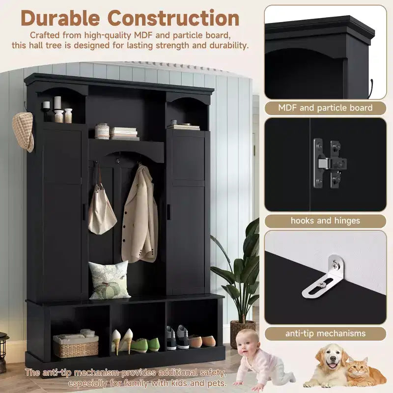 Modern All-in-One Hall Tree with Adjustable Shelves, Farmhouse Storage Bench with 7 Hooks & Side Cabinets, Entryway Organizer - ModernLuxe