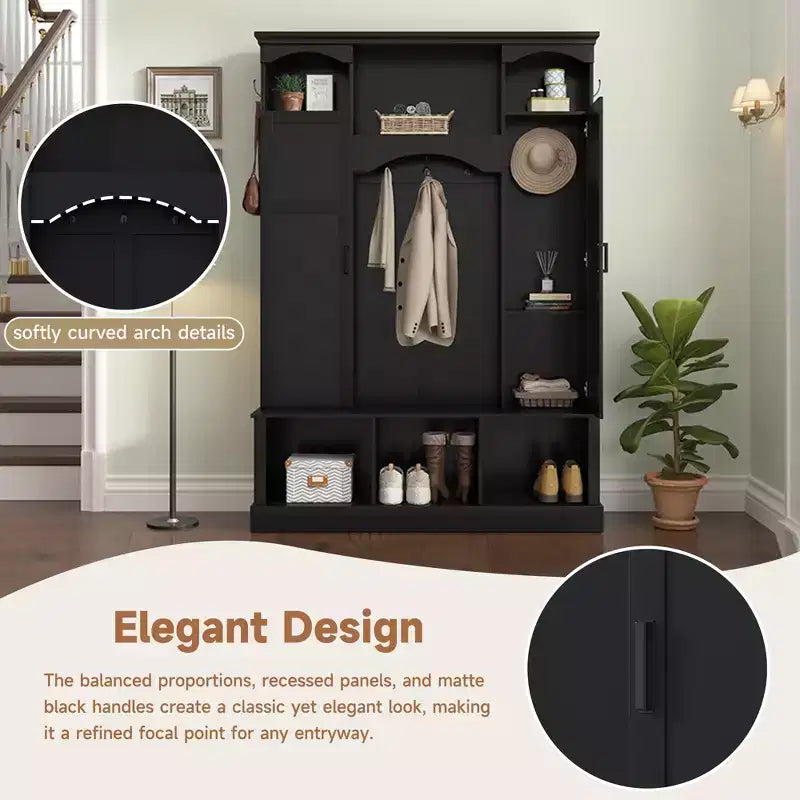 Modern All-in-One Hall Tree with Adjustable Shelves, Farmhouse Storage Bench with 7 Hooks & Side Cabinets, Entryway Organizer - ModernLuxe