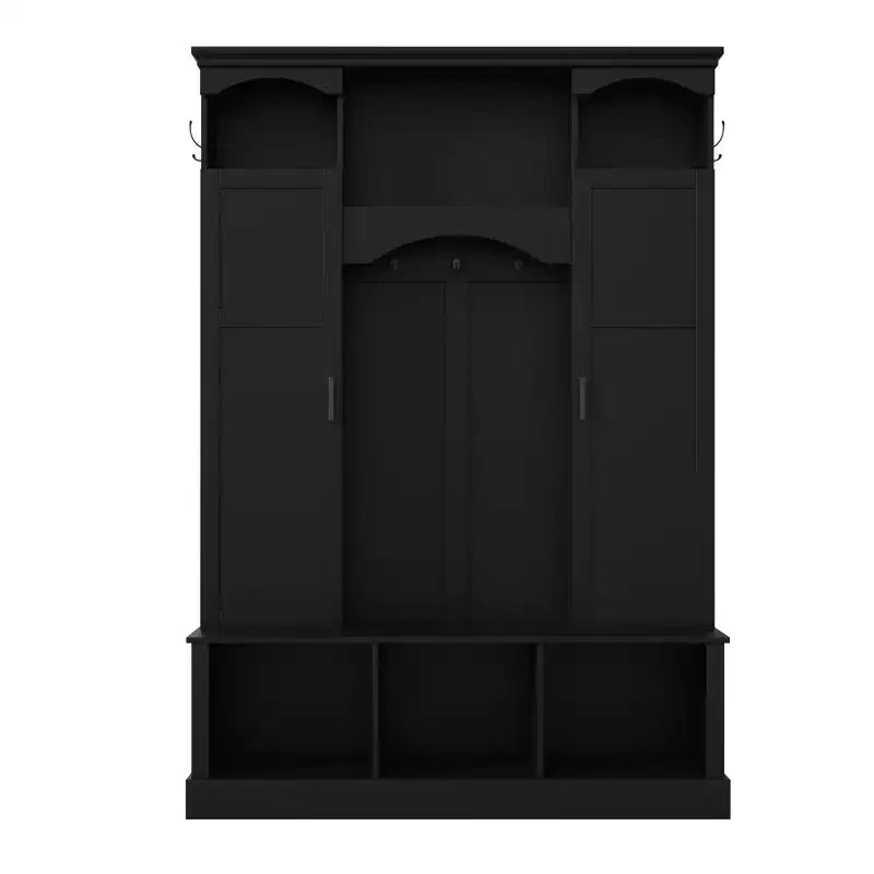 Modern All-in-One Hall Tree with Adjustable Shelves, Farmhouse Storage Bench with 7 Hooks & Side Cabinets, Entryway Organizer - ModernLuxe
