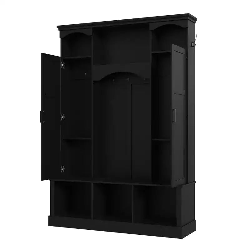 Modern All-in-One Hall Tree with Adjustable Shelves, Farmhouse Storage Bench with 7 Hooks & Side Cabinets, Entryway Organizer - ModernLuxe