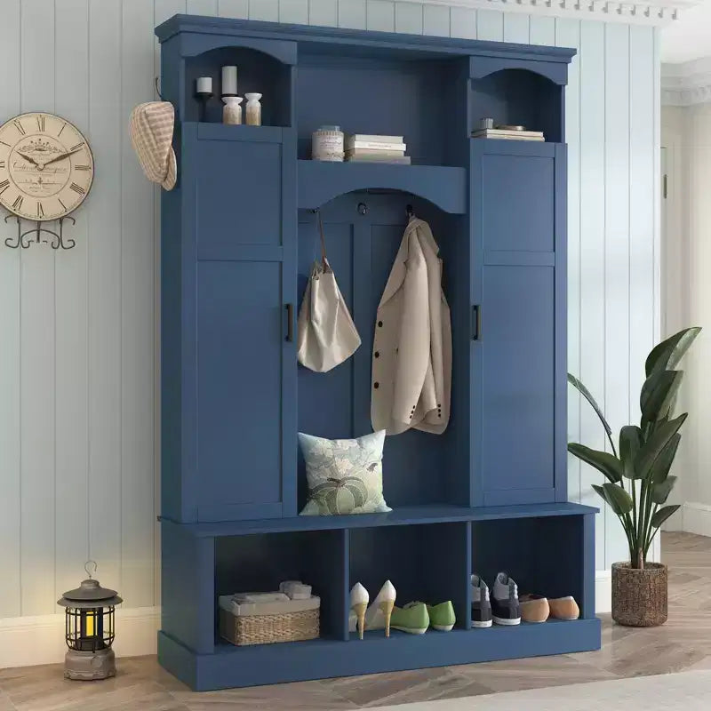 Modern All-in-One Hall Tree with Adjustable Shelves, Farmhouse Storage Bench with 7 Hooks & Side Cabinets, Entryway Organizer - ModernLuxe
