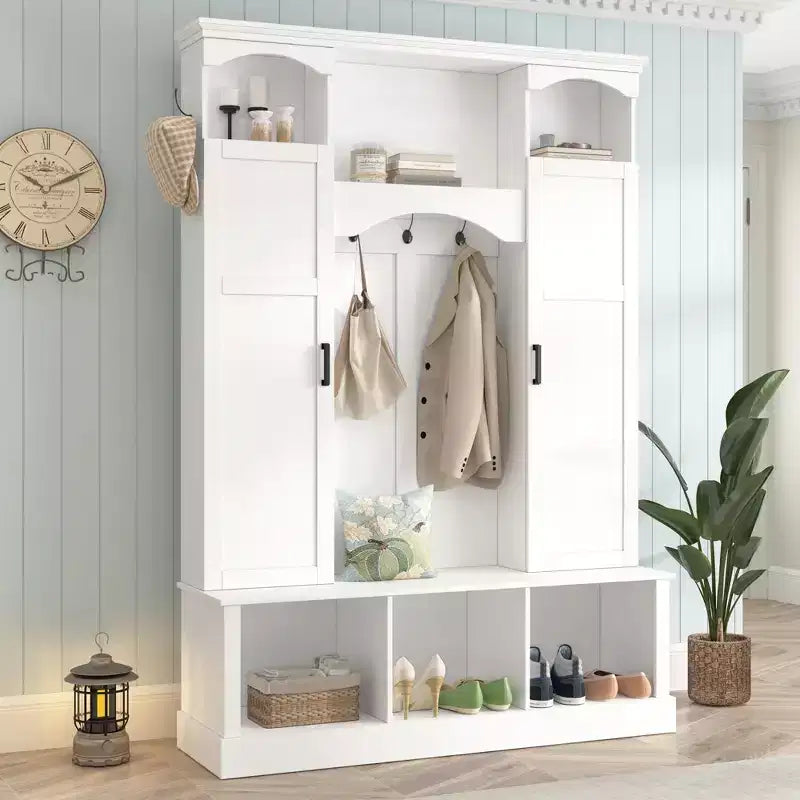 Modern All-in-One Hall Tree with Adjustable Shelves, Farmhouse Storage Bench with 7 Hooks & Side Cabinets, Entryway Organizer - ModernLuxe