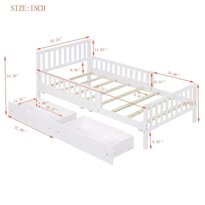 Twin Wood Platform Bed with Guardrails and 2 Storage Drawers, White