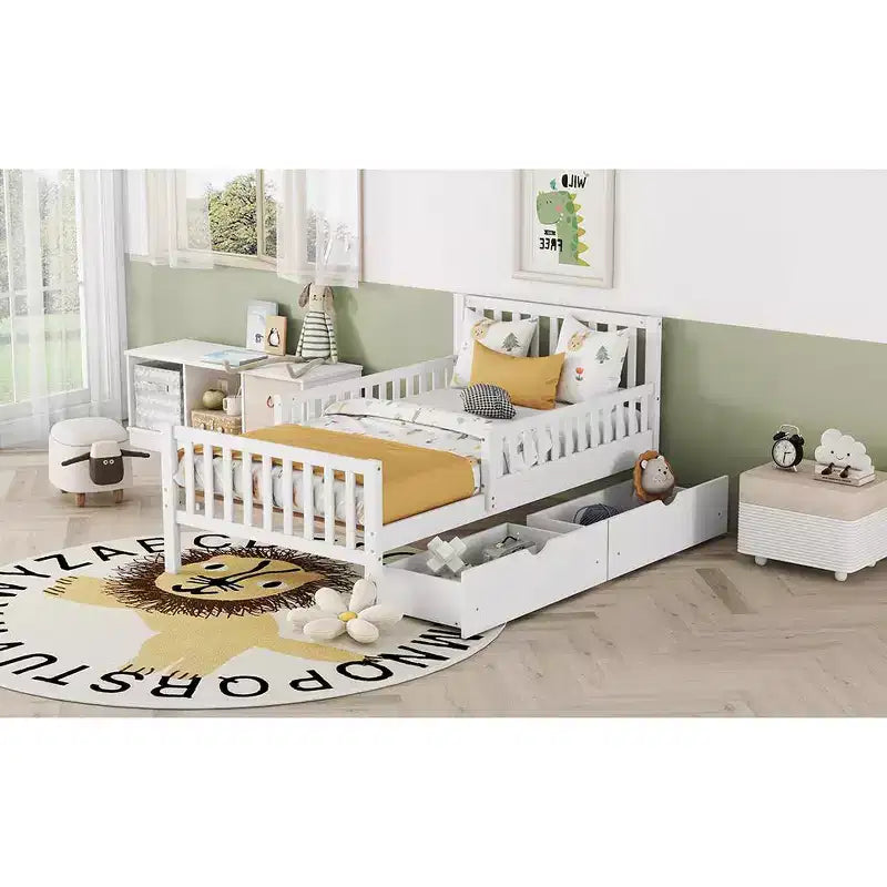 Twin Wood Platform Bed with Guardrails and 2 Storage Drawers, White
