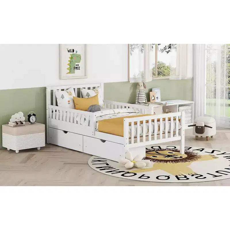 Twin Wood Platform Bed with Guardrails and 2 Storage Drawers, White