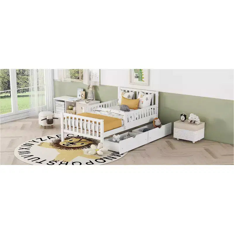 Twin Wood Platform Bed with Guardrails and 2 Storage Drawers, White