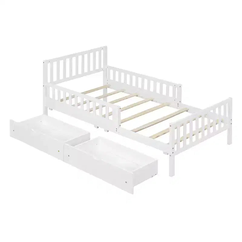 Twin Wood Platform Bed with Guardrails and 2 Storage Drawers, White